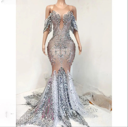 Silver Rhinestone White Sequin Ball Gown Ball Gown Luxurious Weddings