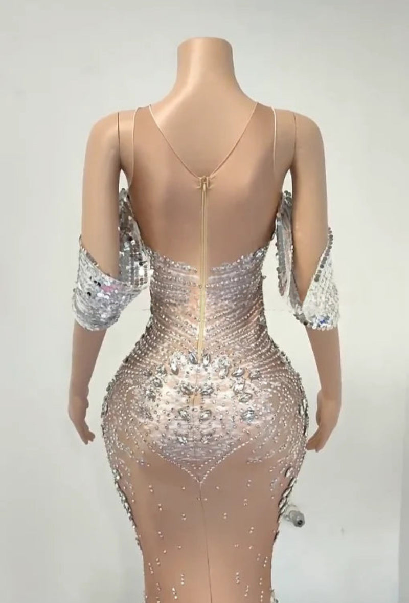 Silver Rhinestone White Sequin Ball Gown Ball Gown Luxurious Weddings