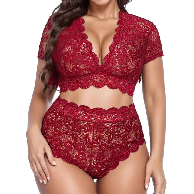 Lace Flower Women Plus Size Underwear Outfit Lingerie Set Luxurious Weddings