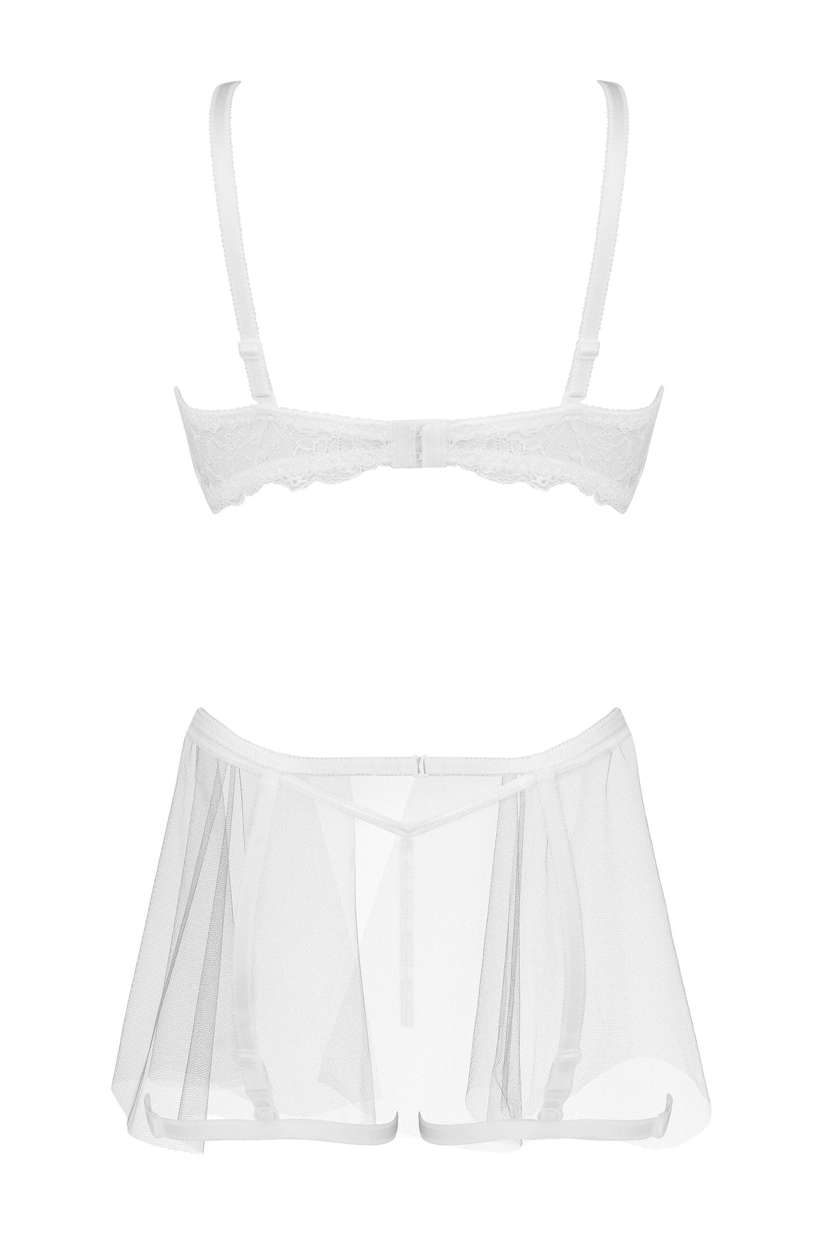 Elegant white lace bra and semi-sheer garter belt set, showcasing affordable lingerie in NZ.