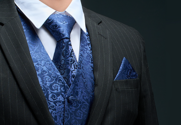 Elegant Black Silk Waistcoat & Tie Set - Royal Blue Waistcoat Luxurious Weddings