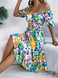Ruffled Hem Smocked Floral Short Sleeve Midi Dress Dress Luxurious Weddings