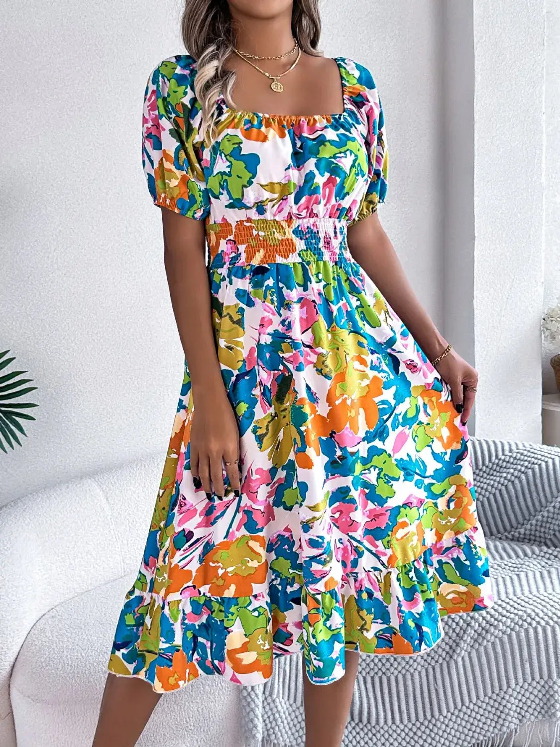 Ruffled Hem Smocked Floral Short Sleeve Midi Dress Dress Luxurious Weddings