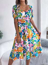 Ruffled Hem Smocked Floral Short Sleeve Midi Dress Dress Luxurious Weddings