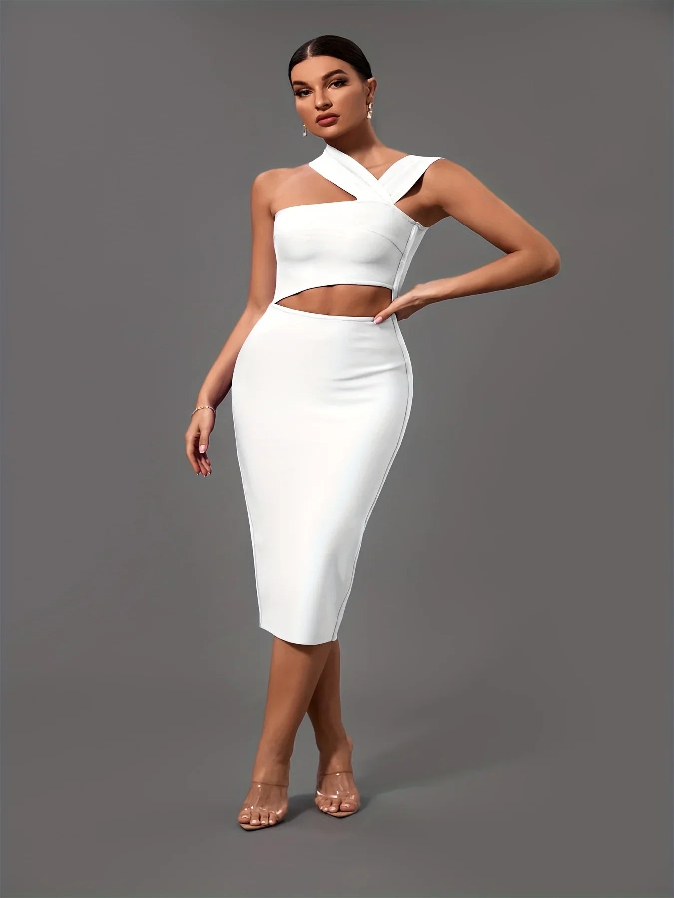 Elegant White Halter Neck Bandage Midi Party Dress dresses Luxurious Weddings