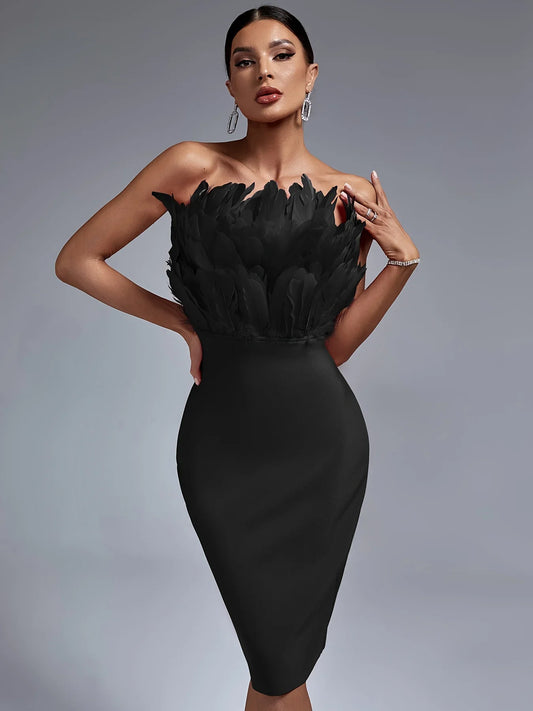 Sexy Black Bandage Party Dress with Feather Detail Dresses Luxurious Weddings