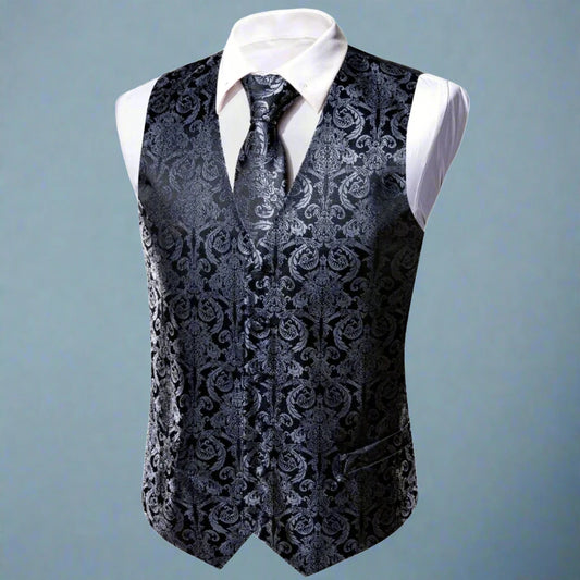 Luxurious Gray Jacquard Floral Suit Vest Set Waistcoat Luxurious Weddings