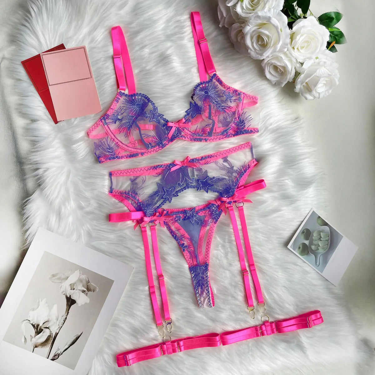 Floral Lace Garter Belt Set in pink, featuring exquisite detailing and adjustable straps. Ideal lingerie in NZ.
