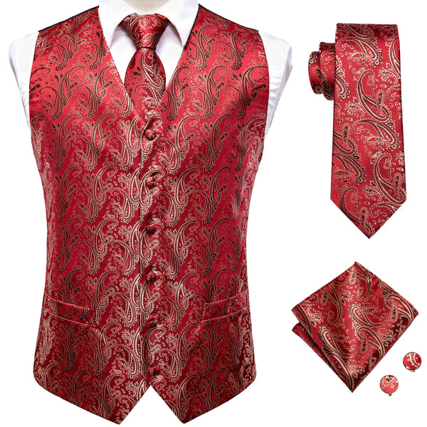 Elegant Paisley Silk Waistcoat & Tie Set - Red Waistcoat Luxurious Weddings