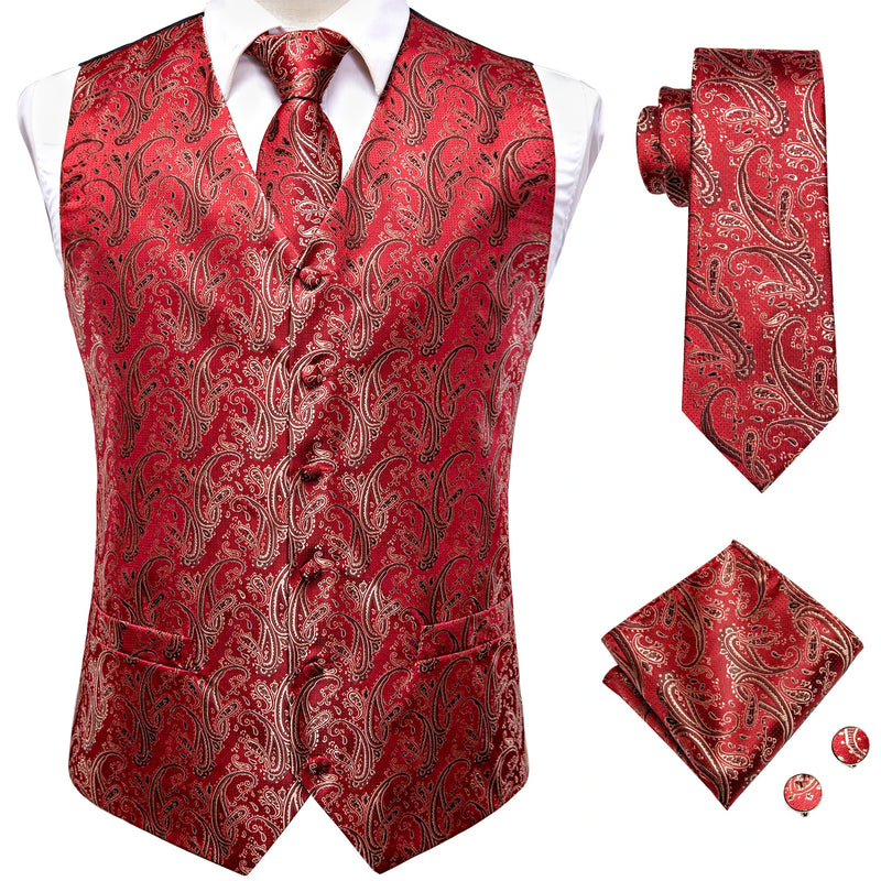Elegant Paisley Silk Waistcoat & Tie Set - Red Waistcoat Luxurious Weddings