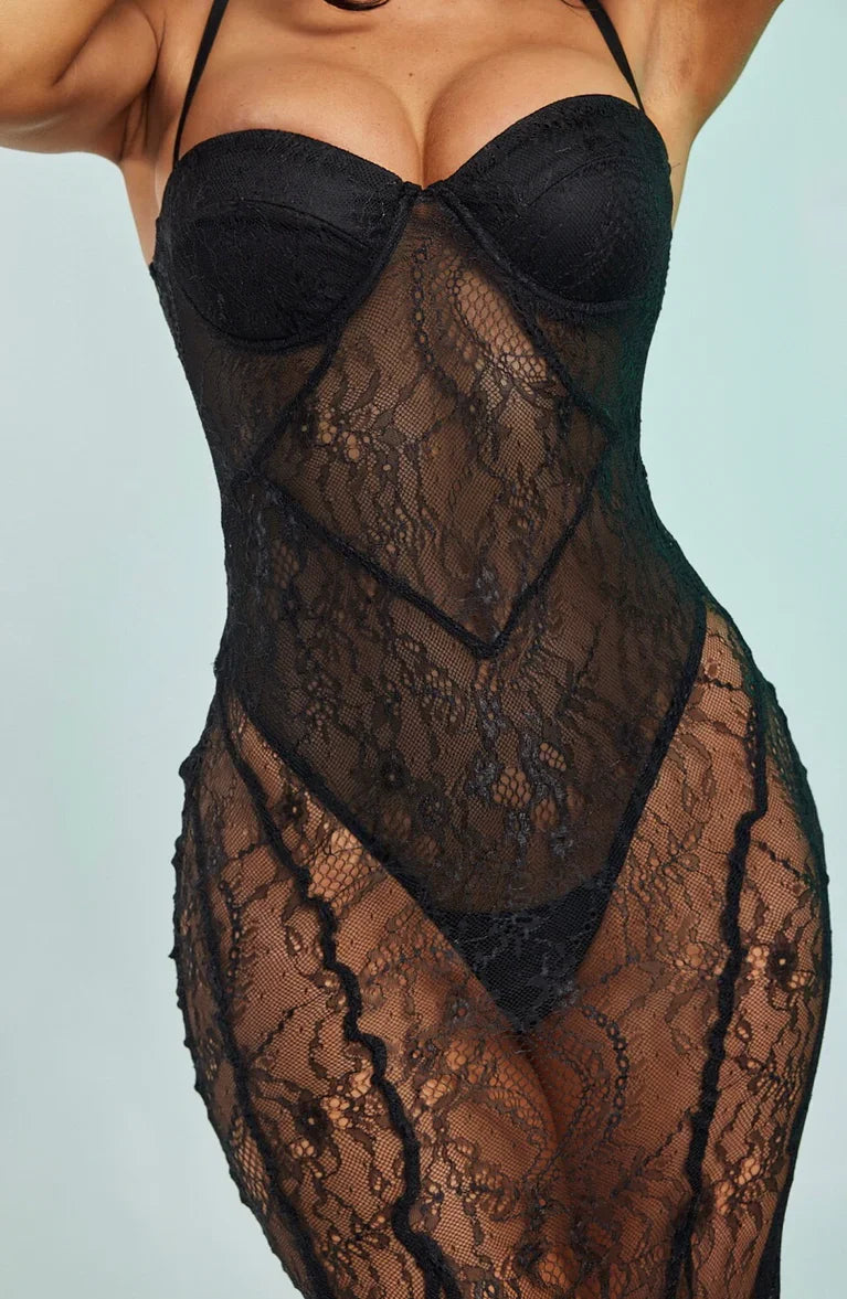Ultra sexy black lace night dress showcasing a stunning see-through design, perfect lingerie choice for women in NZ.