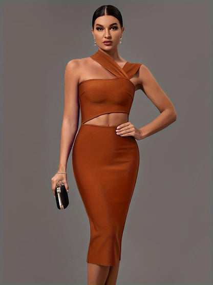 Elegant White Halter Neck Bandage Midi Party Dress dresses Luxurious Weddings