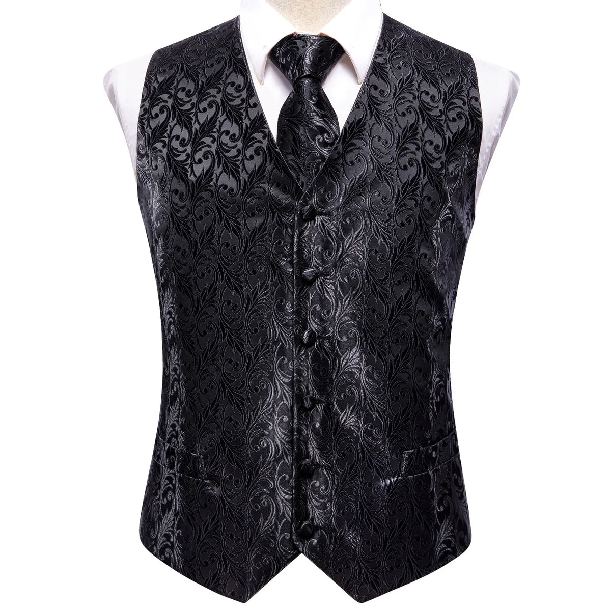 Elegant Black Silk Waistcoat & Tie Set - Black Waistcoats Luxurious Weddings