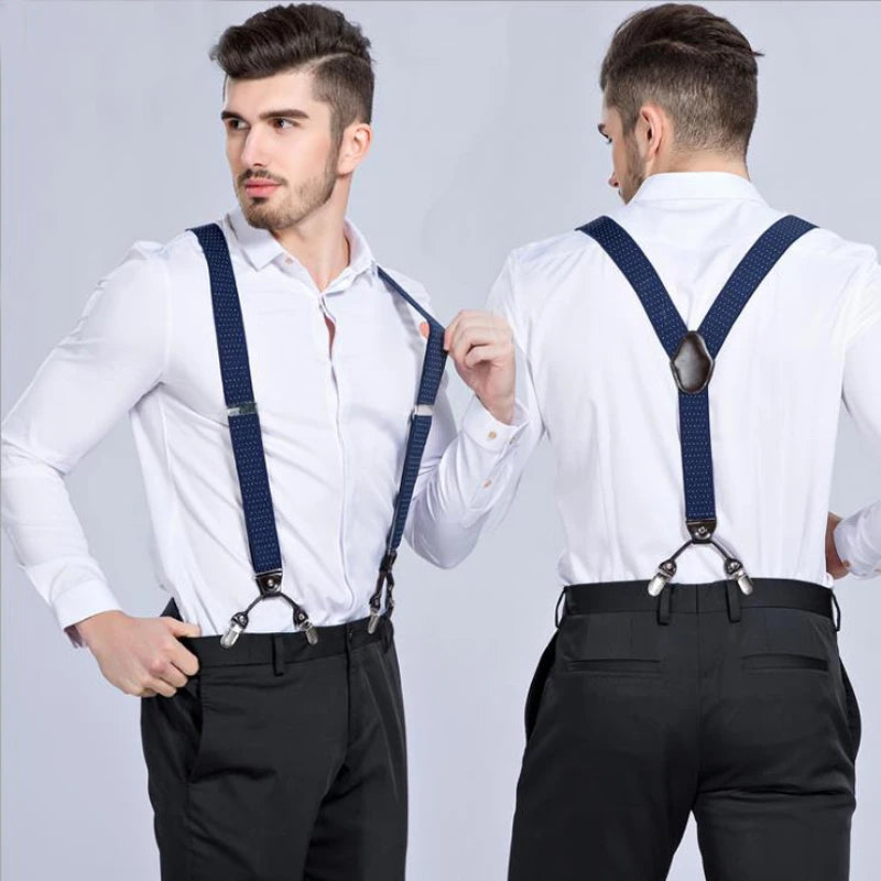 WHITE - 6-Clip Black Leather Suspenders for Men Suspenders Luxurious Weddings