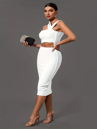 Elegant White Halter Neck Bandage Midi Party Dress dresses Luxurious Weddings