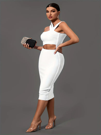 Elegant White Halter Neck Bandage Midi Party Dress dresses Luxurious Weddings