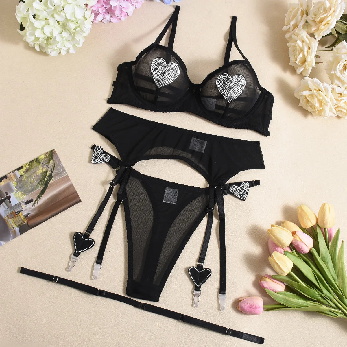 Daring neon rhinestone lingerie set for women, featuring heart details and adjustable sizing, affordable lingerie in NZ.
