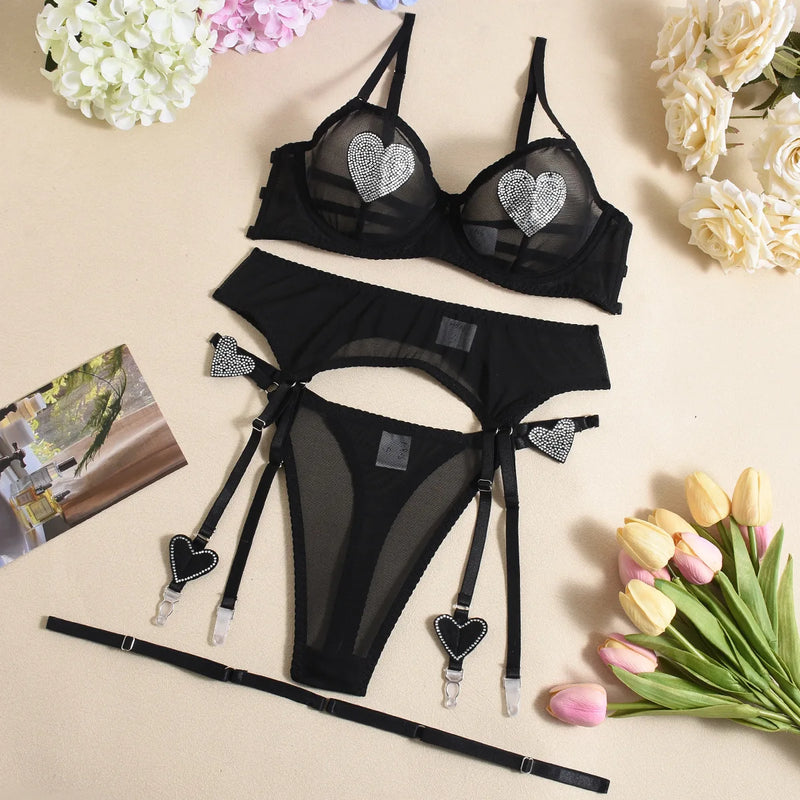 Daring neon rhinestone lingerie set for women, featuring heart details and adjustable sizing, affordable lingerie in NZ.