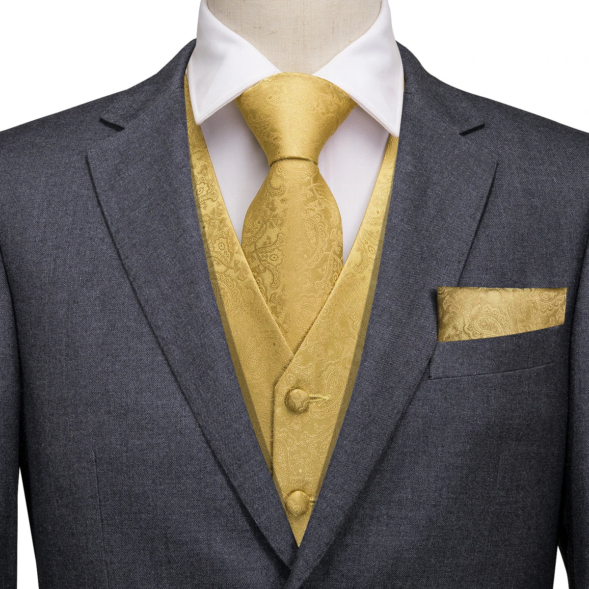 Elegant Black Silk Waistcoat & Tie Set - Gold Waistcoat Luxurious Weddings