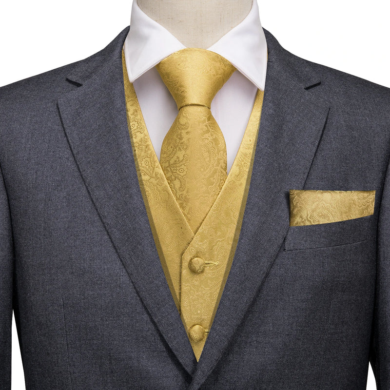 Elegant Black Silk Waistcoat & Tie Set - Gold Waistcoat Luxurious Weddings