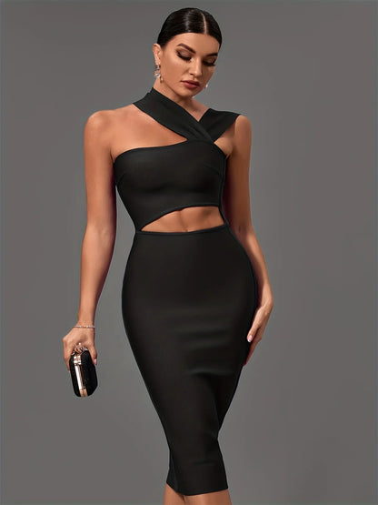 Elegant White Halter Neck Bandage Midi Party Dress dresses Luxurious Weddings
