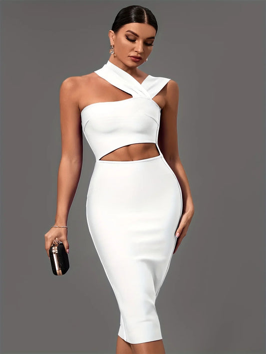 Elegant White Halter Neck Bandage Midi Party Dress dresses Luxurious Weddings