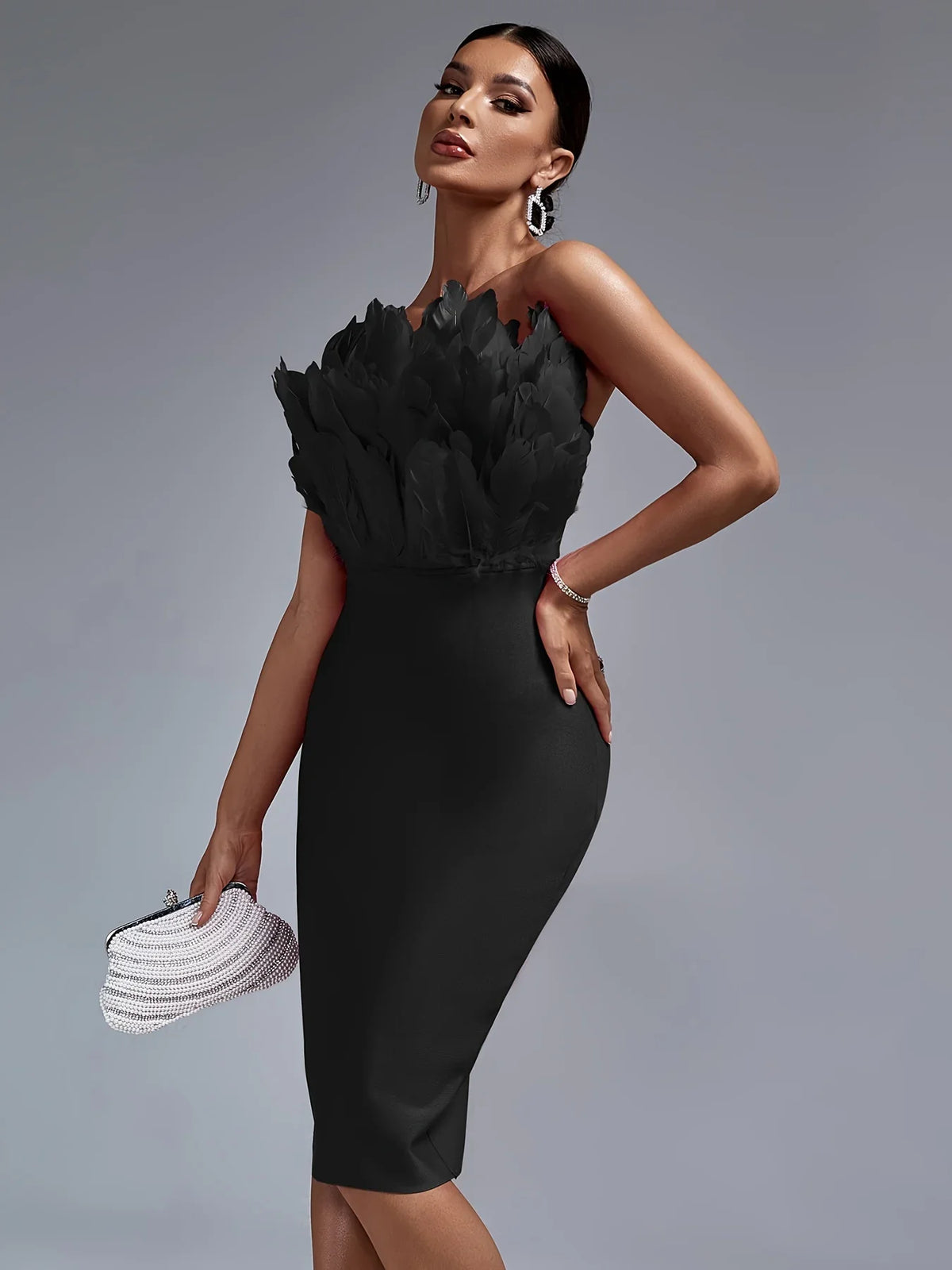Sexy Black Bandage Party Dress with Feather Detail Dresses Luxurious Weddings