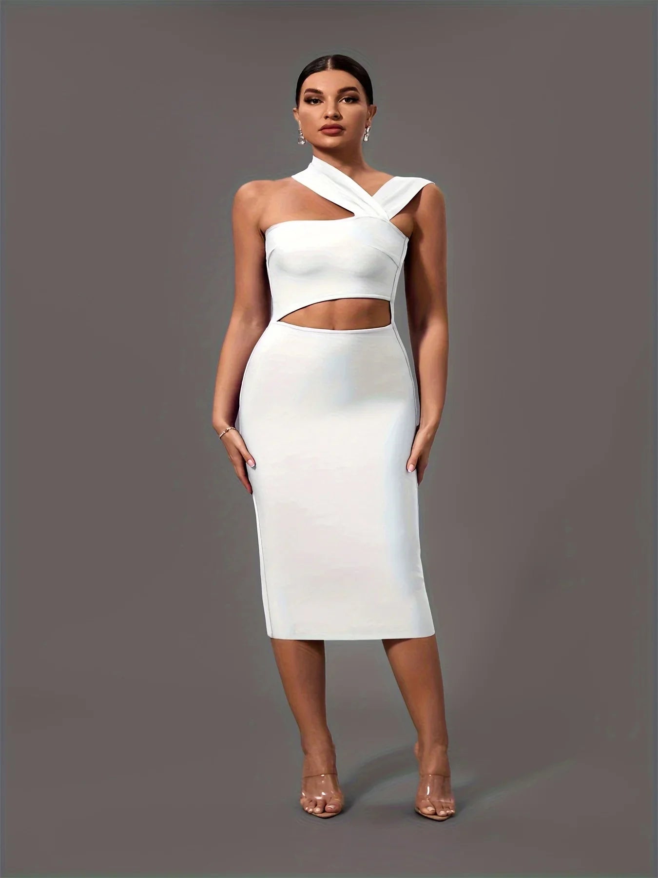 Elegant White Halter Neck Bandage Midi Party Dress dresses Luxurious Weddings