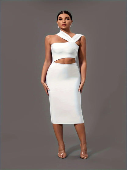 Elegant White Halter Neck Bandage Midi Party Dress dresses Luxurious Weddings