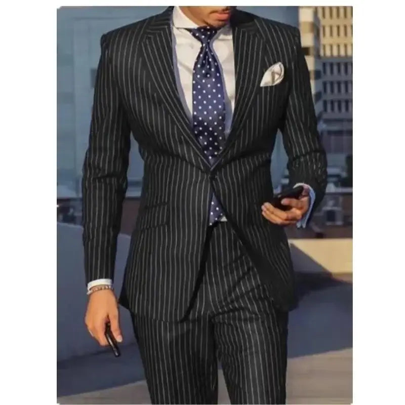 Navy Blue Black Striped Men's Slim Fit Suit - Wedding Tuxedo Suits Luxurious Weddings