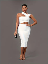 Elegant White Halter Neck Bandage Midi Party Dress dresses Luxurious Weddings