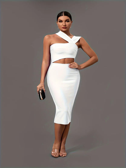 Elegant White Halter Neck Bandage Midi Party Dress dresses Luxurious Weddings