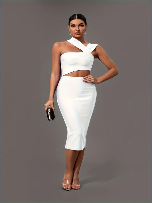 Elegant White Halter Neck Bandage Midi Party Dress dresses Luxurious Weddings