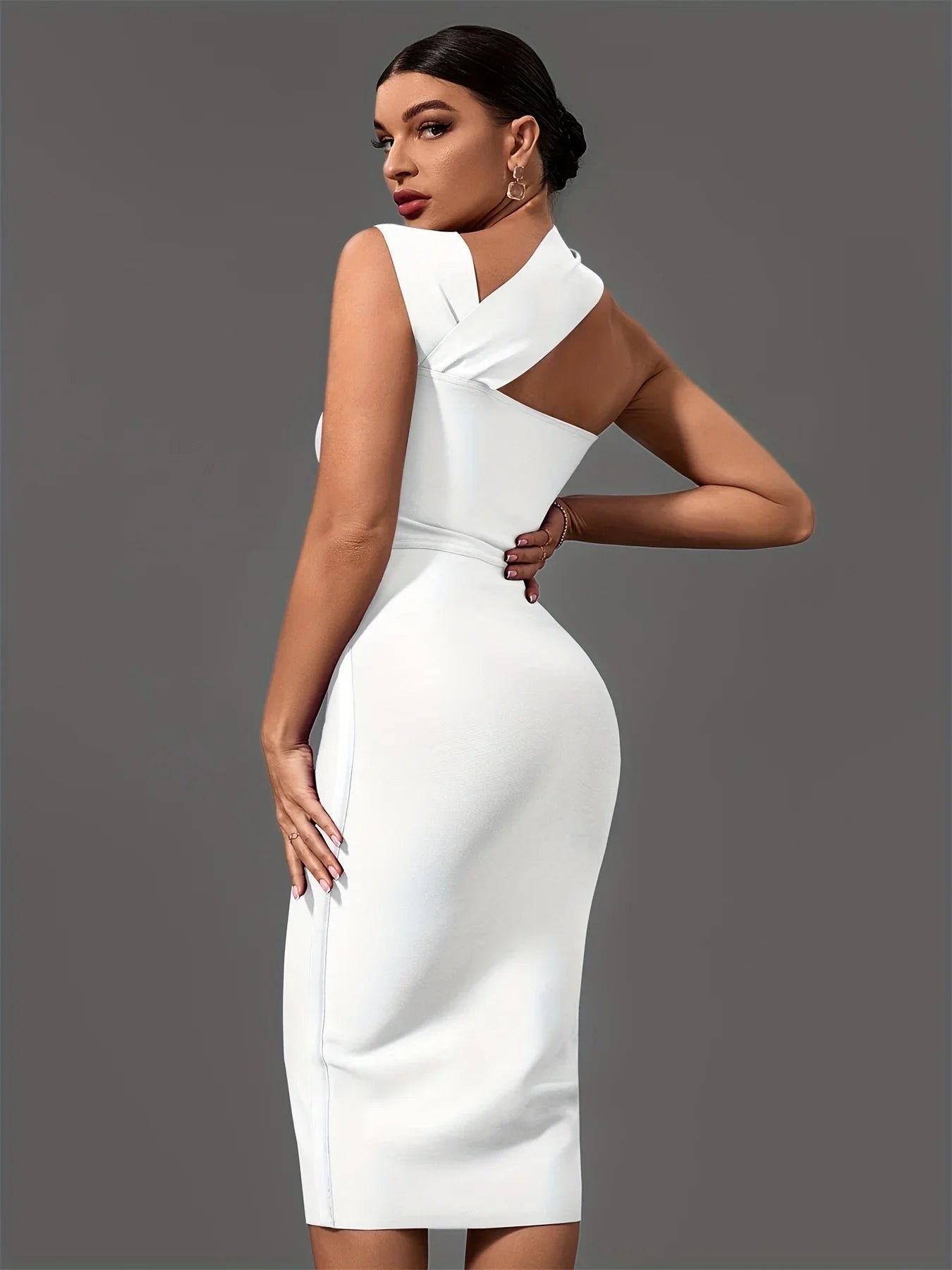 Elegant White Halter Neck Bandage Midi Party Dress dresses Luxurious Weddings