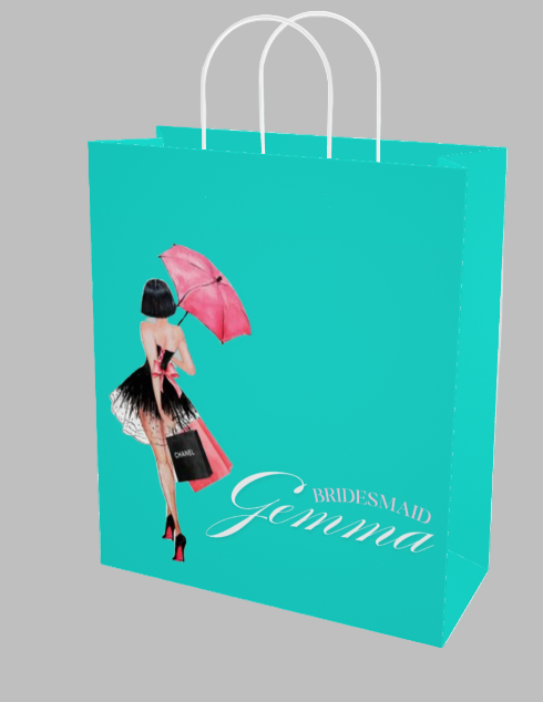 Teal paper bag with a graphic of a woman in a dress and pink umbrella, featuring the text 'Bridesmaid Gemma'.