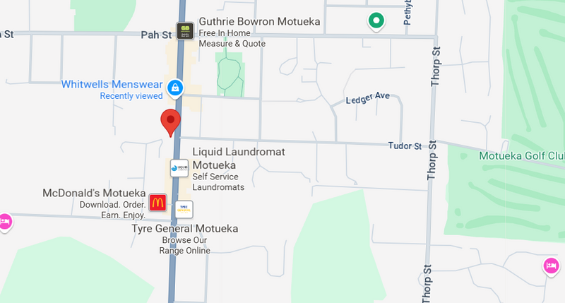 Map of Motueka with various locations marked, including McDonald's and a laundromat.