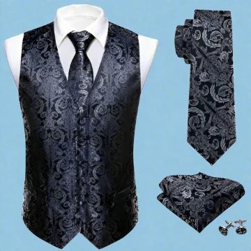 Luxurious Gray Jacquard Floral Suit Vest Set Waistcoat Luxurious Weddings
