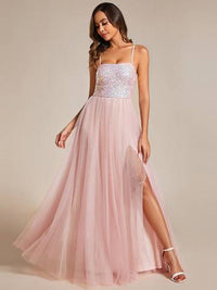 Sequin Tulle Spaghetti Strap High Split Dress Evening Dress Luxurious Weddings