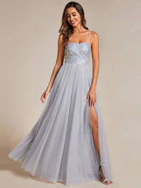 Sequin Tulle Spaghetti Strap High Split Dress Evening Dress Luxurious Weddings