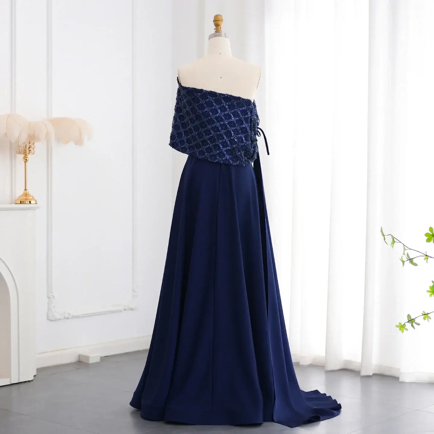 Elegant Off-Shoulder Navy Blue Evening Dress with Cape mother of the bride Luxurious Weddings