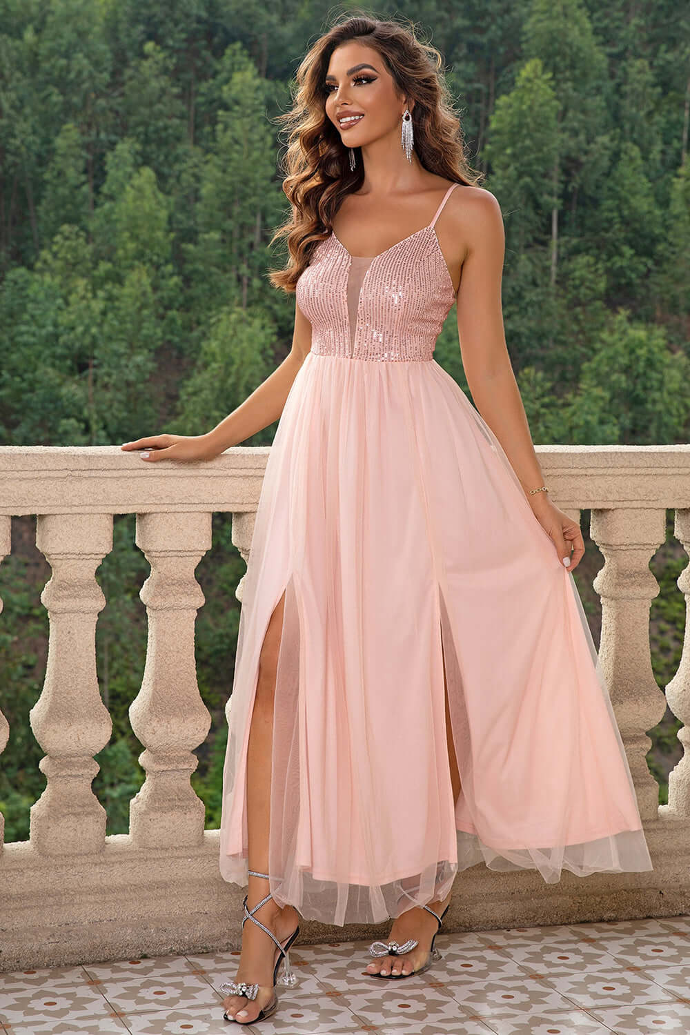 Spaghetti Strap Slit Mesh Dress Formal Dress Luxurious Weddings