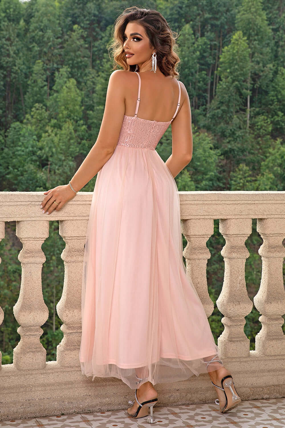 Spaghetti Strap Slit Mesh Dress Formal Dress Luxurious Weddings