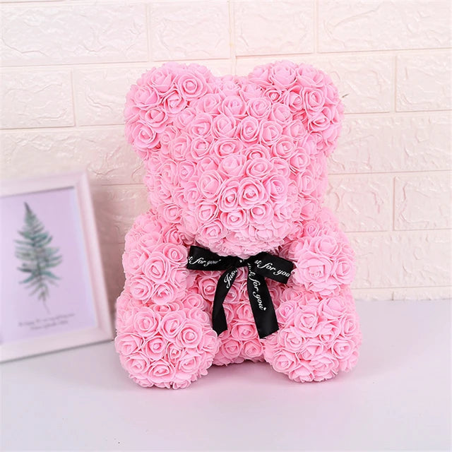 Rose Teddy Bear 25cm Artificial Flowers Rose Bear with Box Light Rose Bear Luxurious Weddings