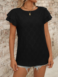 Eyelet Round Neck Double Layered Ruffled Short Sleeve Top Luxurious Weddings