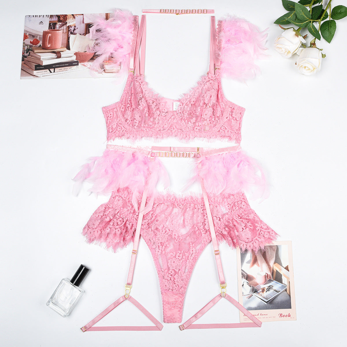Feather Sexy Lingerie Lace Women Underwear Bra Panty Lingerie Set Luxurious Weddings