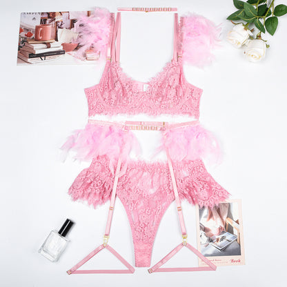 Feather Sexy Lingerie Lace Women Underwear Bra Panty Lingerie Set Luxurious Weddings
