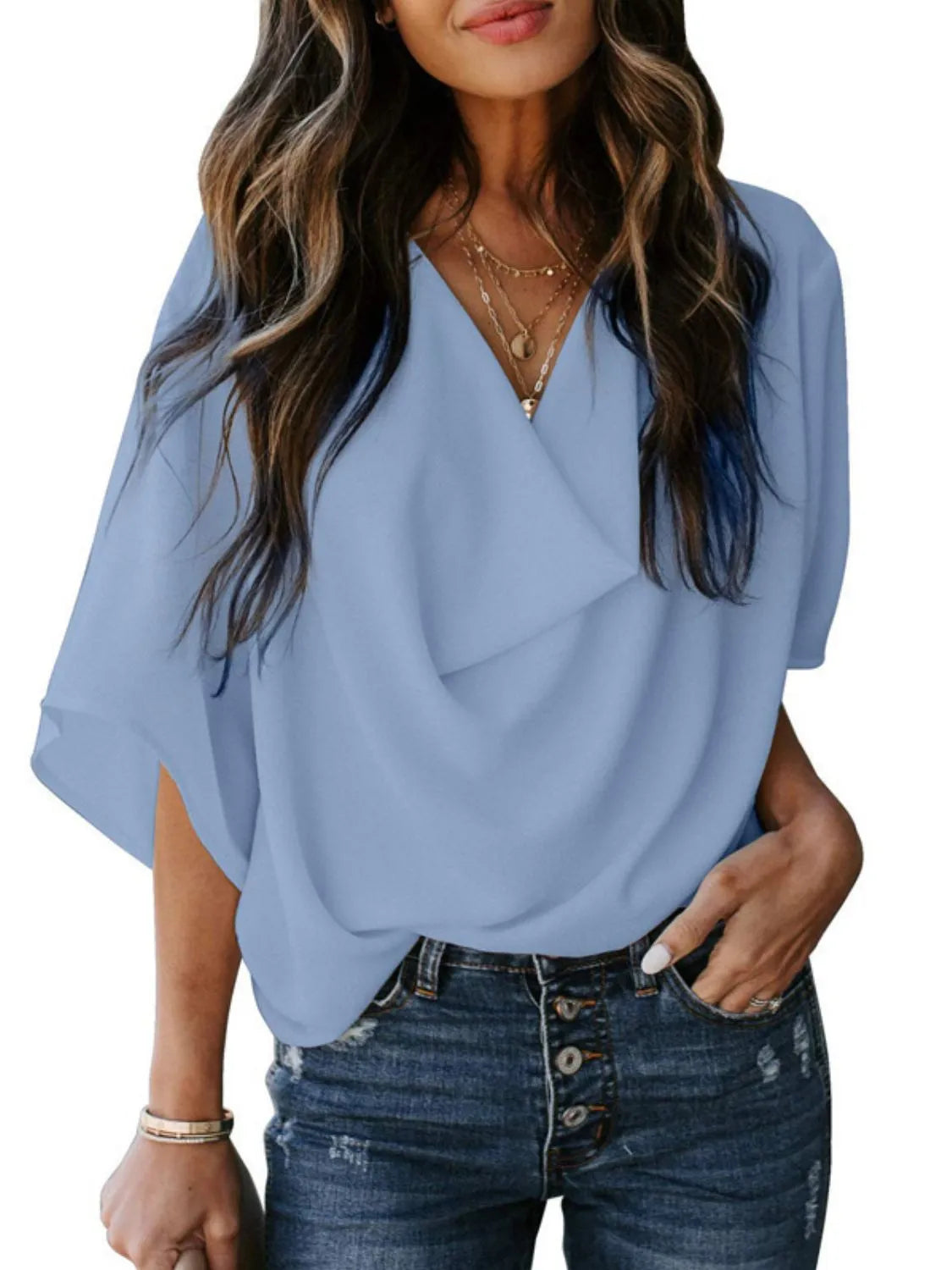 Full Size Ruched Three-Quarter Sleeve Blouse Plus Size Blouse Luxurious Weddings