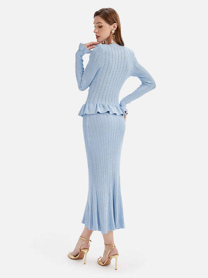 Ruffled V-Neck Top and Midi Skirt Sweater Set Matching Sets Luxurious Weddings