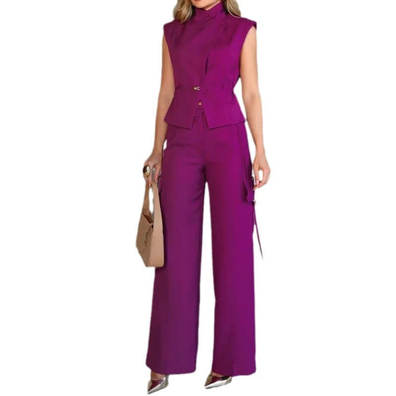 Sleeveless Polo Collar Solid Color Casual Two-piece Suit suit Luxurious Weddings