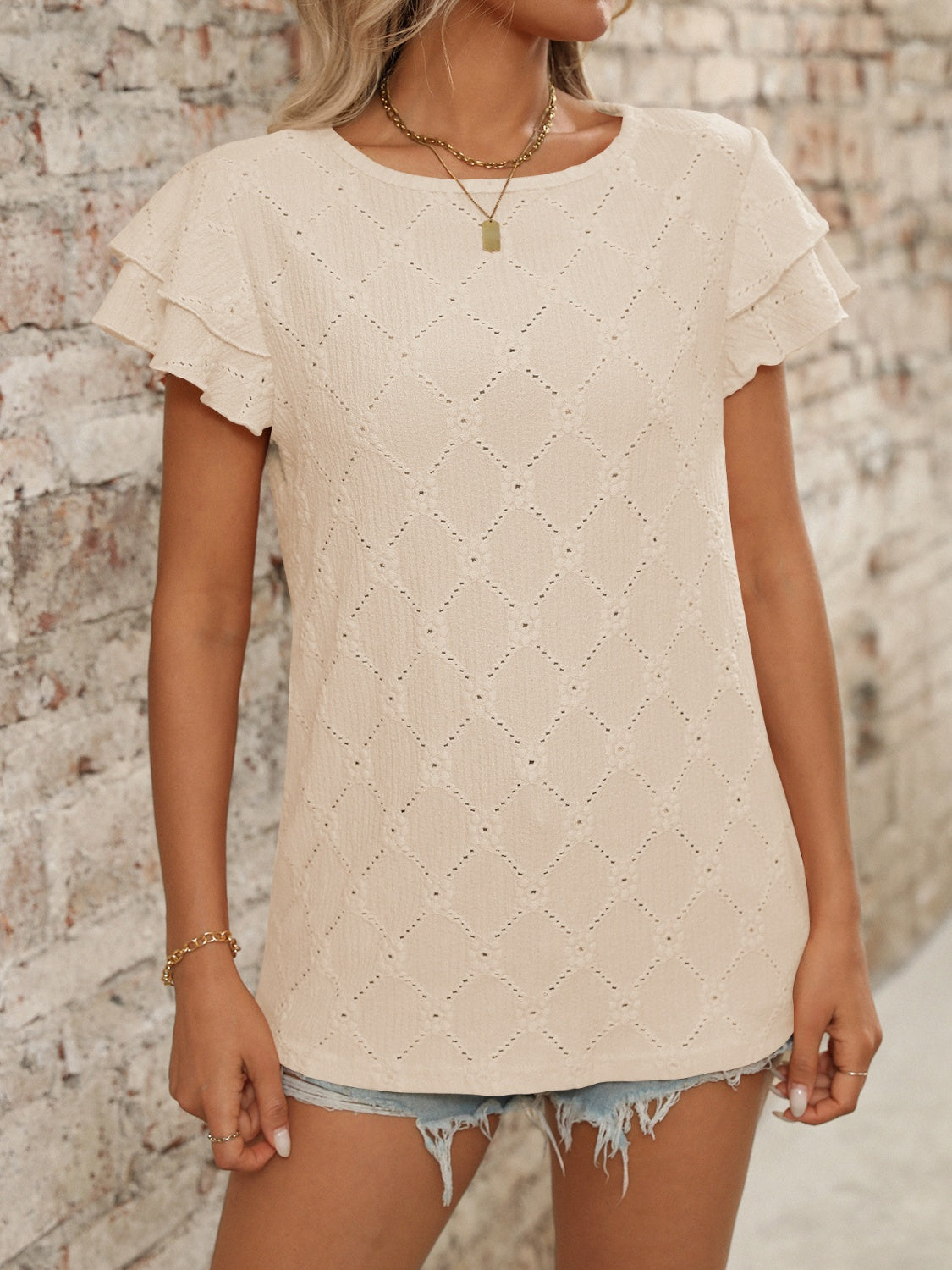 Eyelet Round Neck Double Layered Ruffled Short Sleeve Top Luxurious Weddings